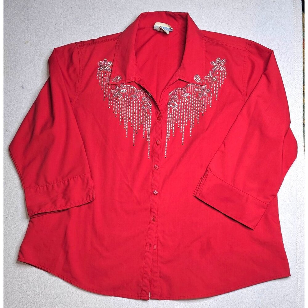 Vtg Red Las Olas Womens XL Rhinestone Button-Up Shirt  Rodeo Western Cowgirl